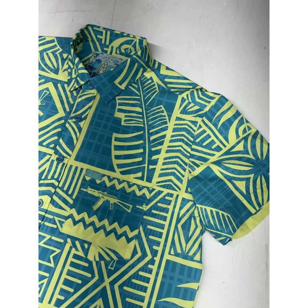 Retro Rifle Shirt Mens L Green Blue Hawaiian Button Up Stretch High Tide Casual